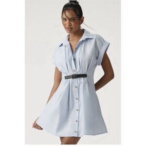 Anthropologie Short Sleeve Belted Shirt Dress Sz XS Blue